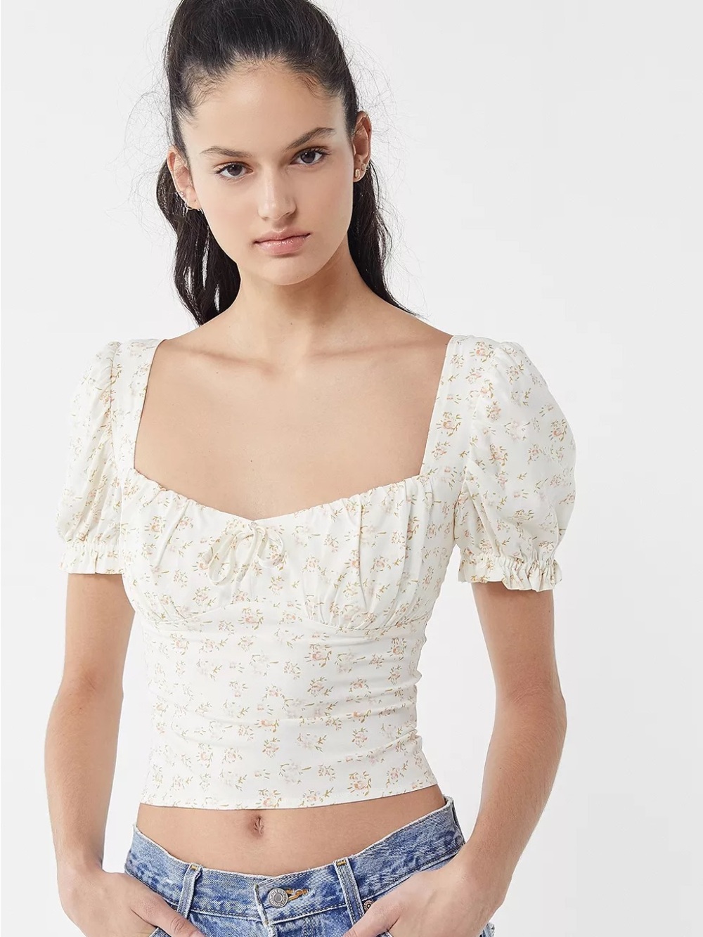 Urban Outfitters Cassia Cream Floral Square-Neck Puff Sleeve Crop Top Coquette S